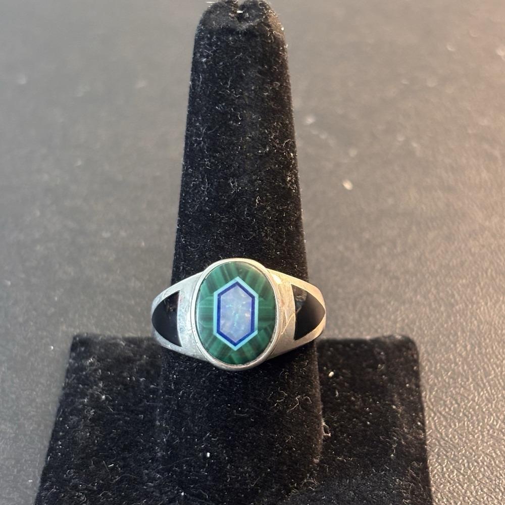 Whitney Kelly 925  Malachite, Lapis, Turquoise, Onyx & Fire Opal Inlay Sz 10